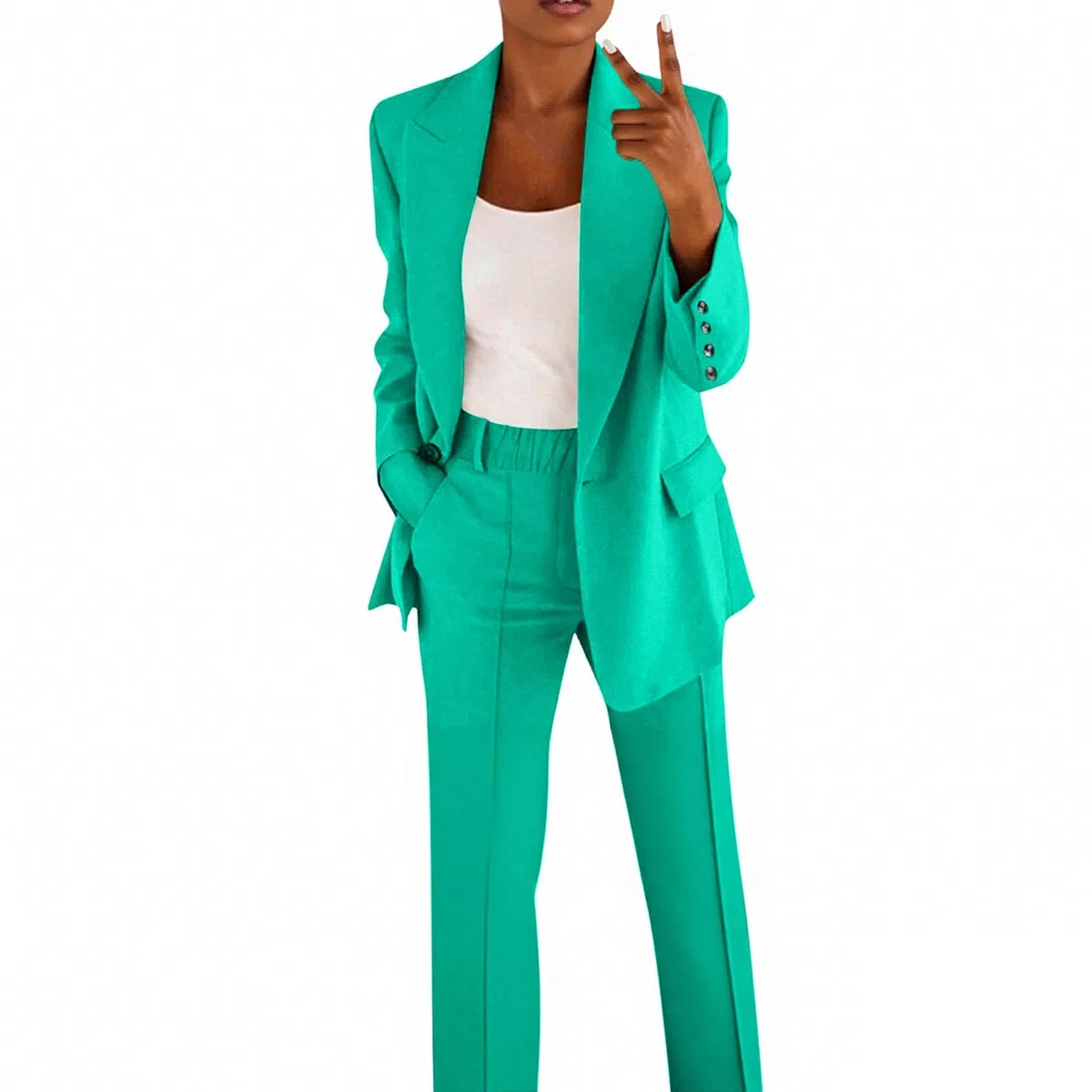 Tailleur Donna Elegante Invernale Matrimonio Blazer Ufficio Oversize Completo con Pantaloni Dritti Comunione Giacca Verde Salvia 2 Pezzi Business Suit con Risvolto per Matrimoni E Feste