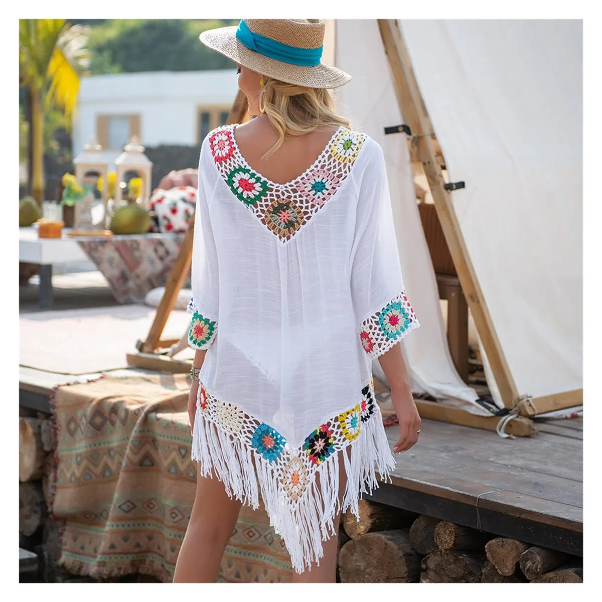 Copricostume Bikini Bikini Bianco Copricostume con Frange Abito da Spiaggia Sexy a Tunica Cava da Donna Costume da Bagno Estivo Abbigliamento da Spiaggia(White)