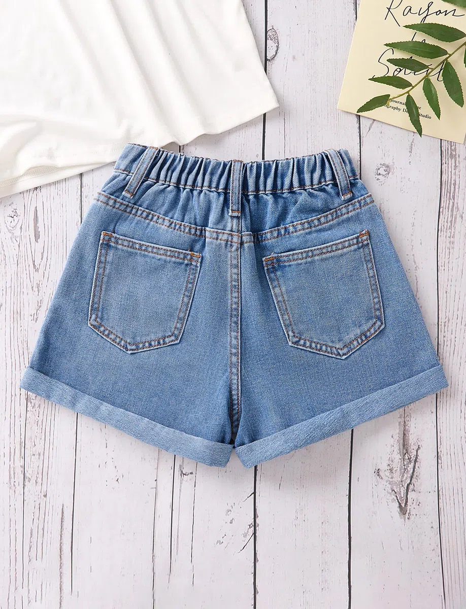 SEAUR Ragazza Shorts da Jeans Casual Moda Baggy Shorts Denim Bambina Pantaloni Denim Corti con Vita Elastica 8-12 Anni