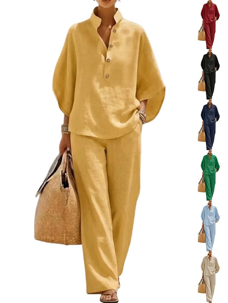 shownicer Completo Donna Lino Tuta Elegante Estiva 2 Pezzi Set Maniche a Tre Quarti Top E Pantaloni Curvy Completo in Lino Due Pezzi Set Completi Tute
