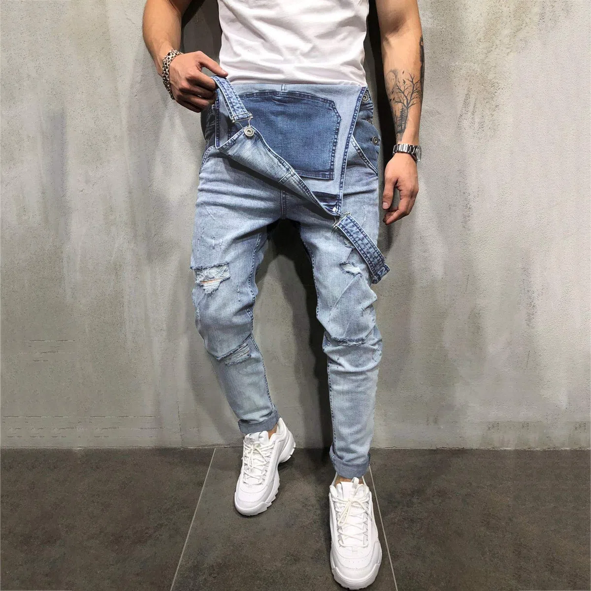 2023 Salopette da Uomo in Denim Jeans Pantaloni Salopette da Lavoro Moda Jeans Strappati Pagliaccetti Tute Larghi da Lavoro Cargo Pagliaccetti con tasche Casual Salopette Jumpsuit