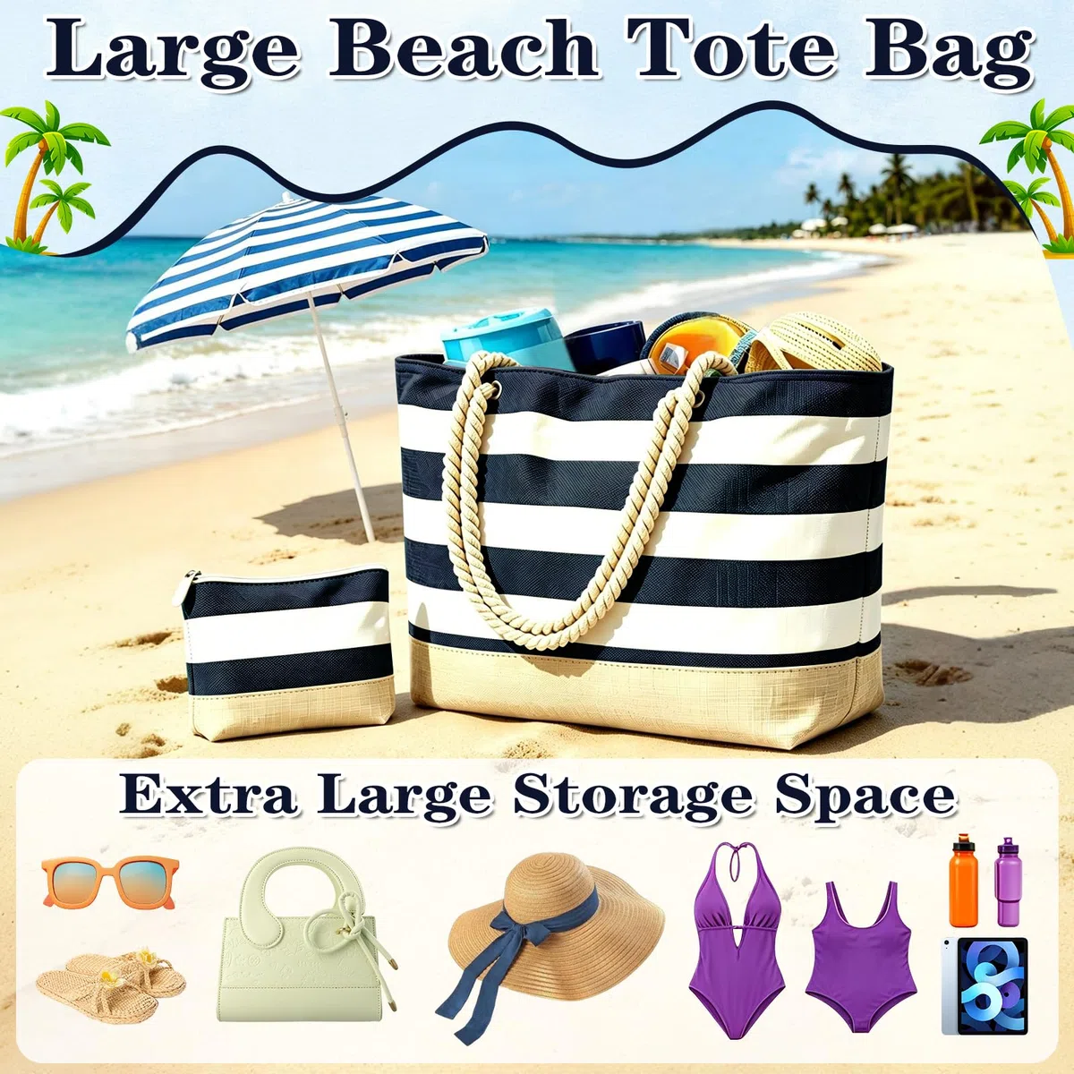 GEEKEO Borsa da spiaggia, grande borsa da spiaggia da donna, impermeabile e resistente alla sabbia, con chiusura lampo, borsa da spiaggia per la famiglia, borsa per la spesa per donne, spiaggia
