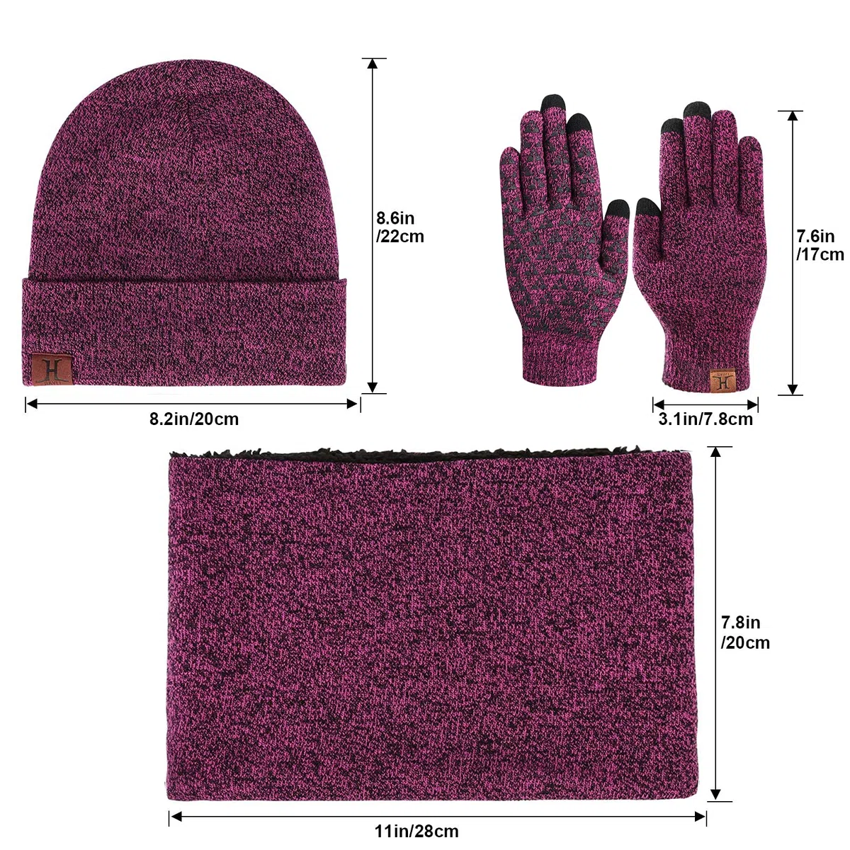 TAGVO Winter Beanie Hat, Scarf, Touch Screen Gloves 3 in 1 Kit di Accessori Caldi, Interna Morbido, Berretto Elasticizzato in Maglia per Berretto, Scaldacollo Elastico, 3 Dita Guanti Touch Screen