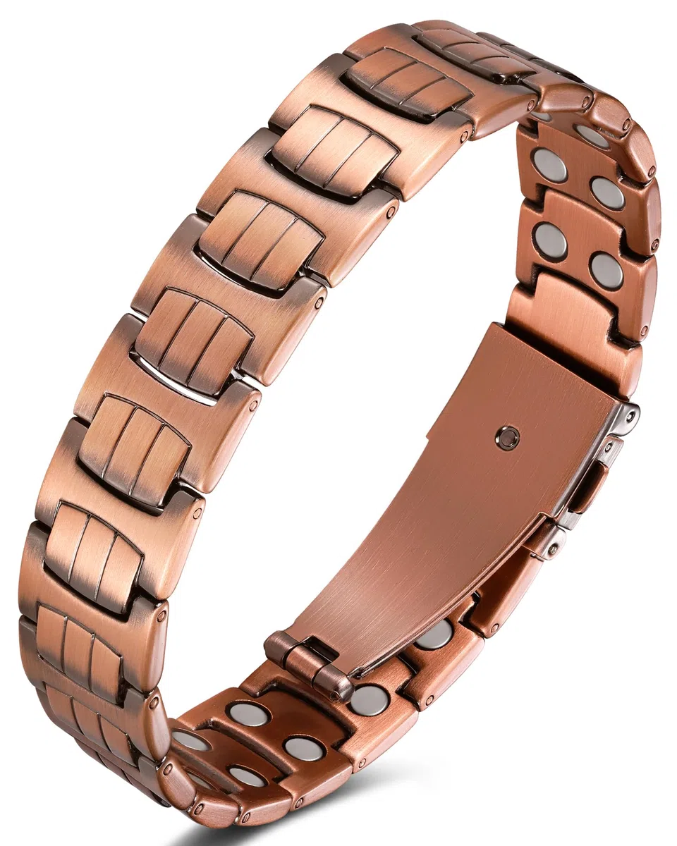 Jeracol Braccialetti da uomo in rame 99% Soild, braccialetto in rame con magneti, dimensioni regolabili e confezione regalo per gioielli, 22 cm