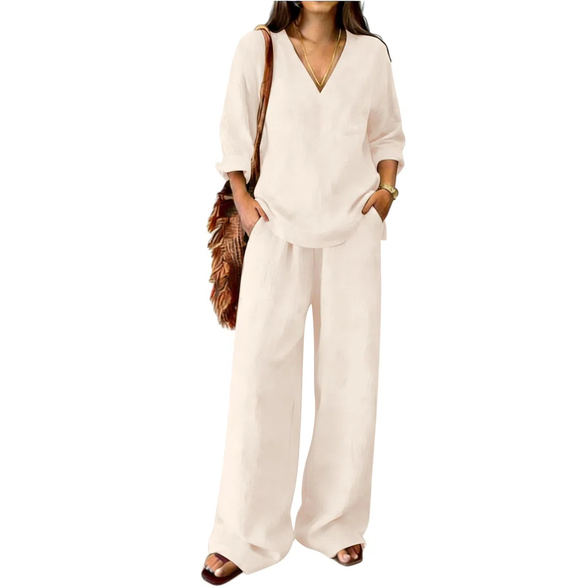 Generico Completo Di Lino Donna Estivo 2 Pezzi Pantalone Lungo Estivo Tuta Elegante Maniche 3/4 Completo Estiva Curvy Tute Casual Completi Leggera Comodi Set Mare Spiaggia Larghi Drop Shoulder