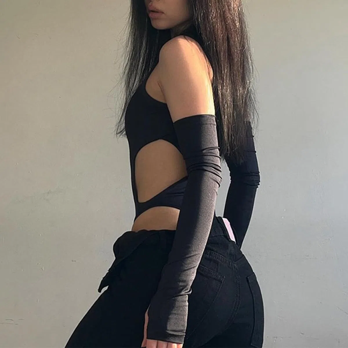 SNOMYRS Sexy Hollow Out Bodysuit Long Sleeve Black Teddy Gothic Party Club Rave Outfit Techwear Festival Jumpsuit
