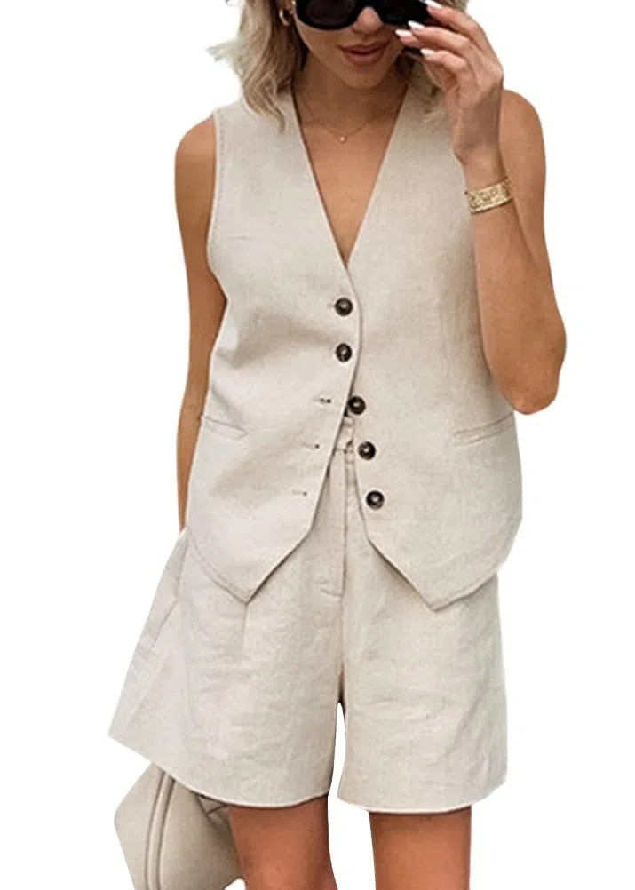 Tailleur Donna Estivo Eleganti 2 Pezzi Tailleur Pantalone Complete Blazer Gilet Top Senza Manica e Pantaloncini a Vita Alta Completo di Lino Cotone Casuale Chic Tuta con Taschen