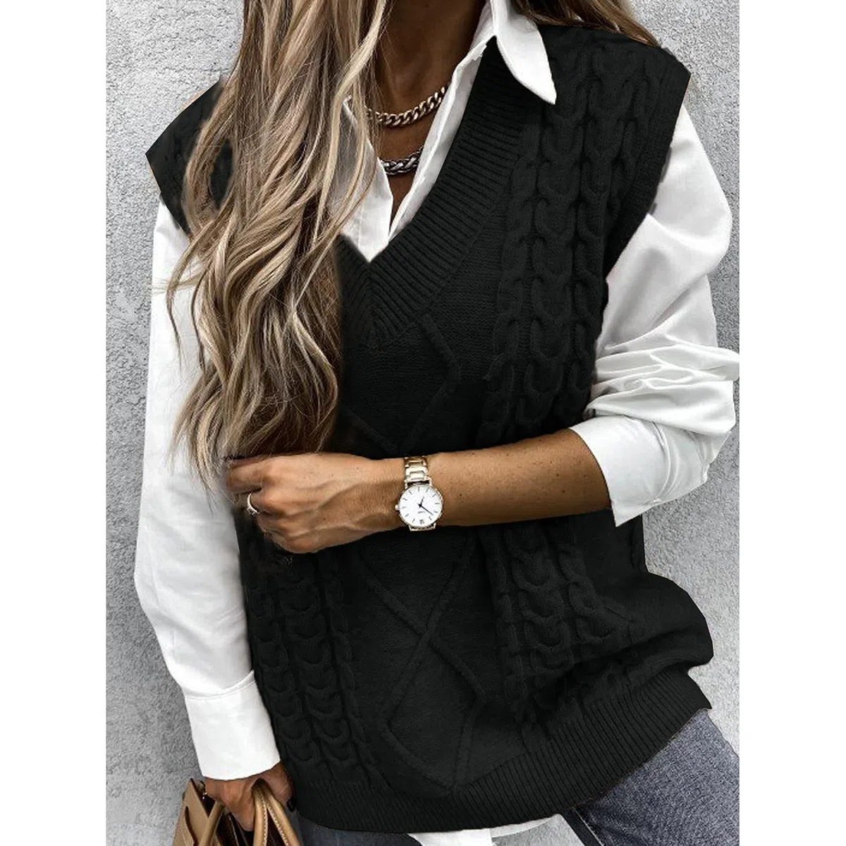 Niwicee Maglione Senza Gilet Donna Scollo a V Pullover Maglioni Invernali Maniche Maglione Smanicato Invernale Elegante Maglia Gilet Smanicato
