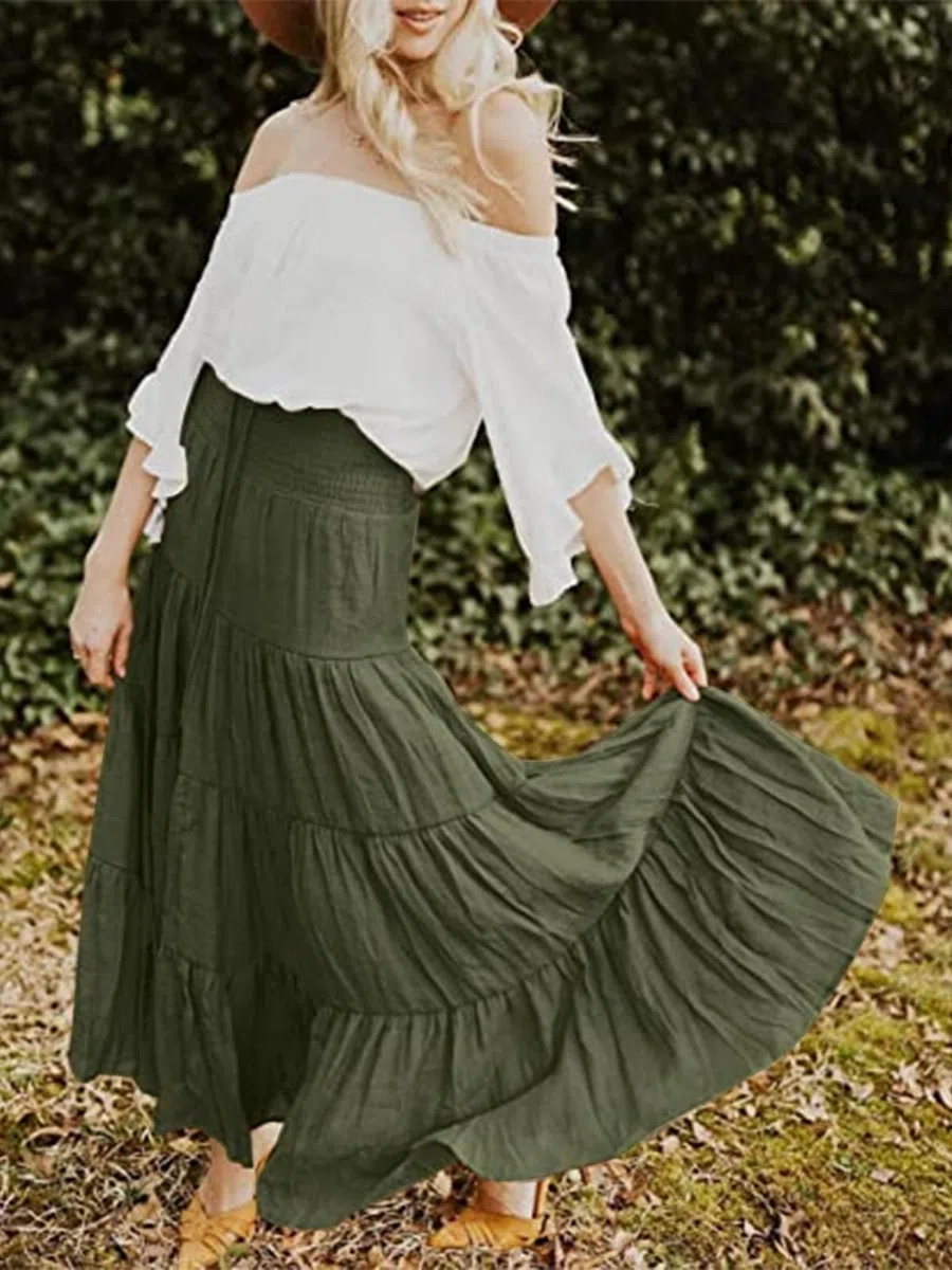Adigaber Pieghettato Retro Maxi Gonna Lunga 2 in 1 Gonna Abito Bohemien Sciolto Gonna fluente Festa in Spiaggia Vestito Indossare Gonna Gonna Swing Grande Danza del Ventre Casual