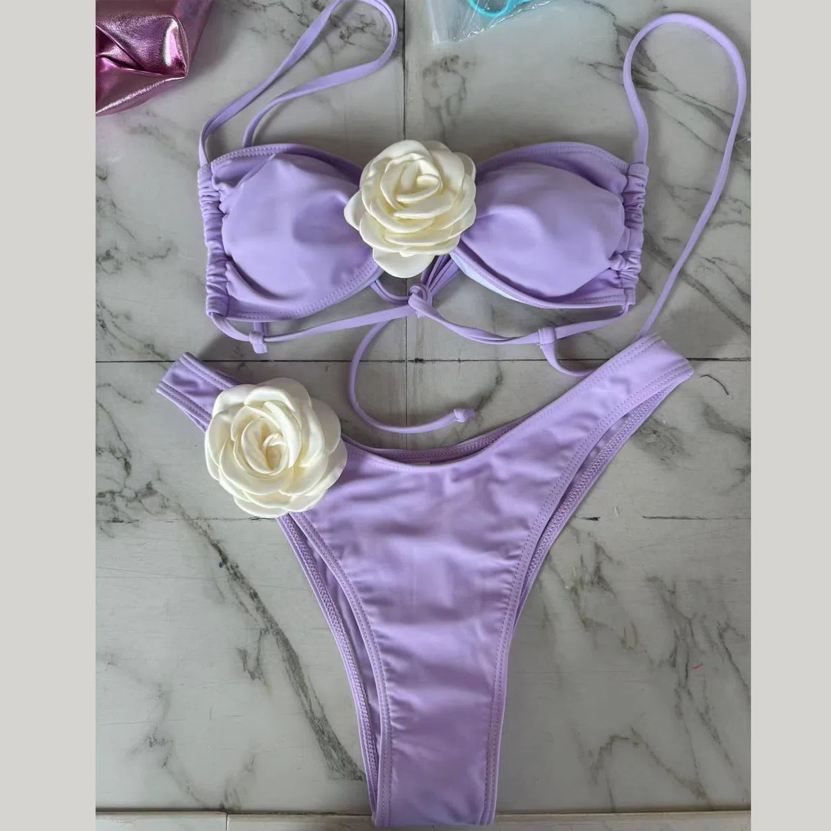 Costumi da bagno da donna a due pezzi con fiori 3D, taglio alto, push-up, costumi da bagno con spacco, per costumi da bagno da spiaggia