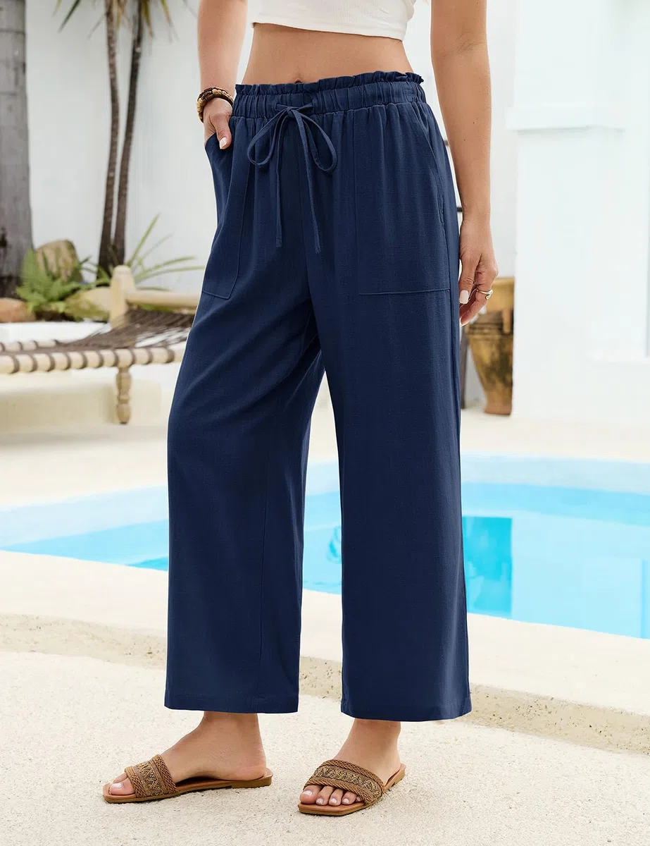 HEEKPEK Pantaloni Lino Donna Estivi Pantaloni Larghi Leggeri Elastico Vita Alta 7/8 Pantalone Comodi Gamba Larga Pantaloni Casual da Spiaggia con Tasche