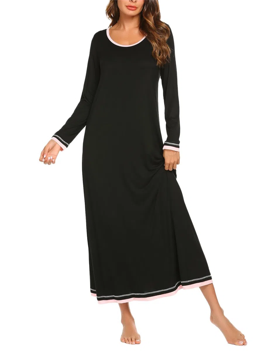 Ekouaer Camicia da Notte Donna Manica Lunga Girocollo Lungo da Notte Invernale Pigiama Comodo Ampio Sexy Camicie Tinta Unita Abbigliamentoda Casa S-XXL