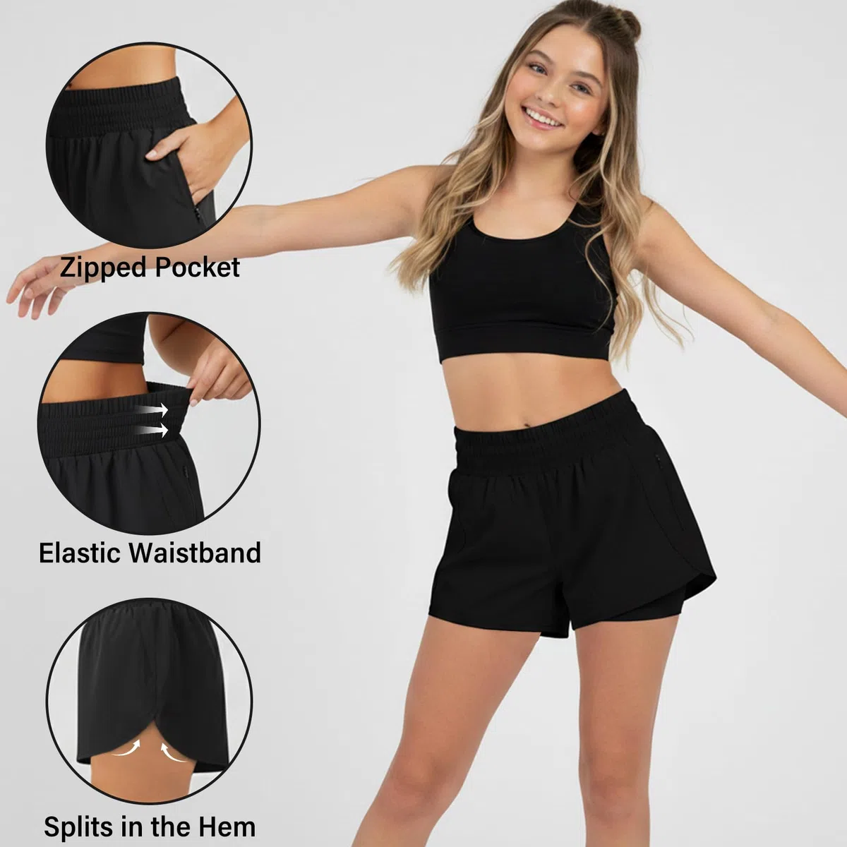 Pantaloncini da corsa 2 in 1 per ragazze, a vita alta, per atletica e palestra, con tasche foderate con cerniera, per tennis, yoga, danza, sport