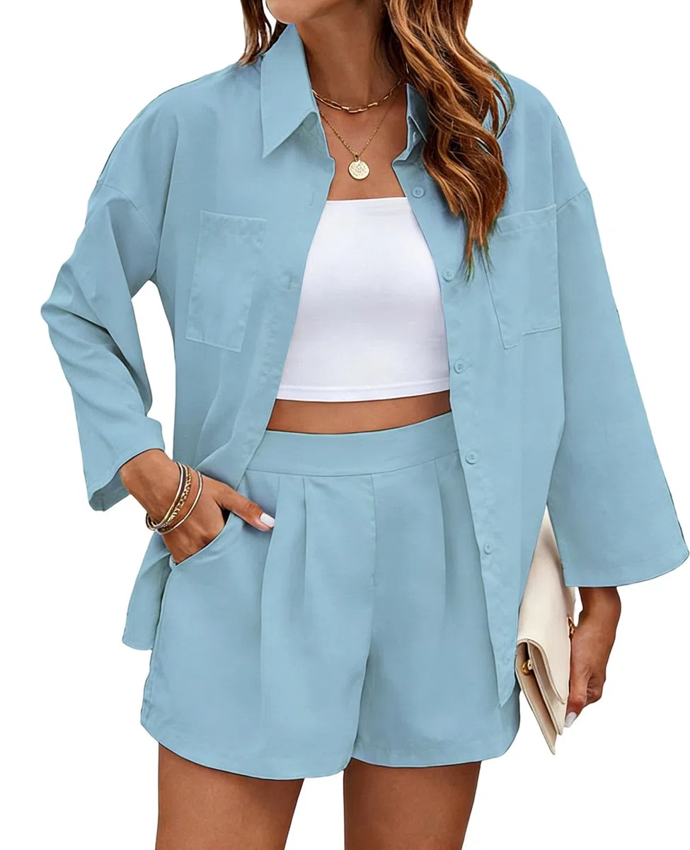 Rayson Completo Donna Casual 2 Pezzi Estivo Camicia a Maniche Corte con Bottoni e Pantaloncini Tuna Donna Abbigliamento Elegante Da Spiaggia Lavoro Vacanza