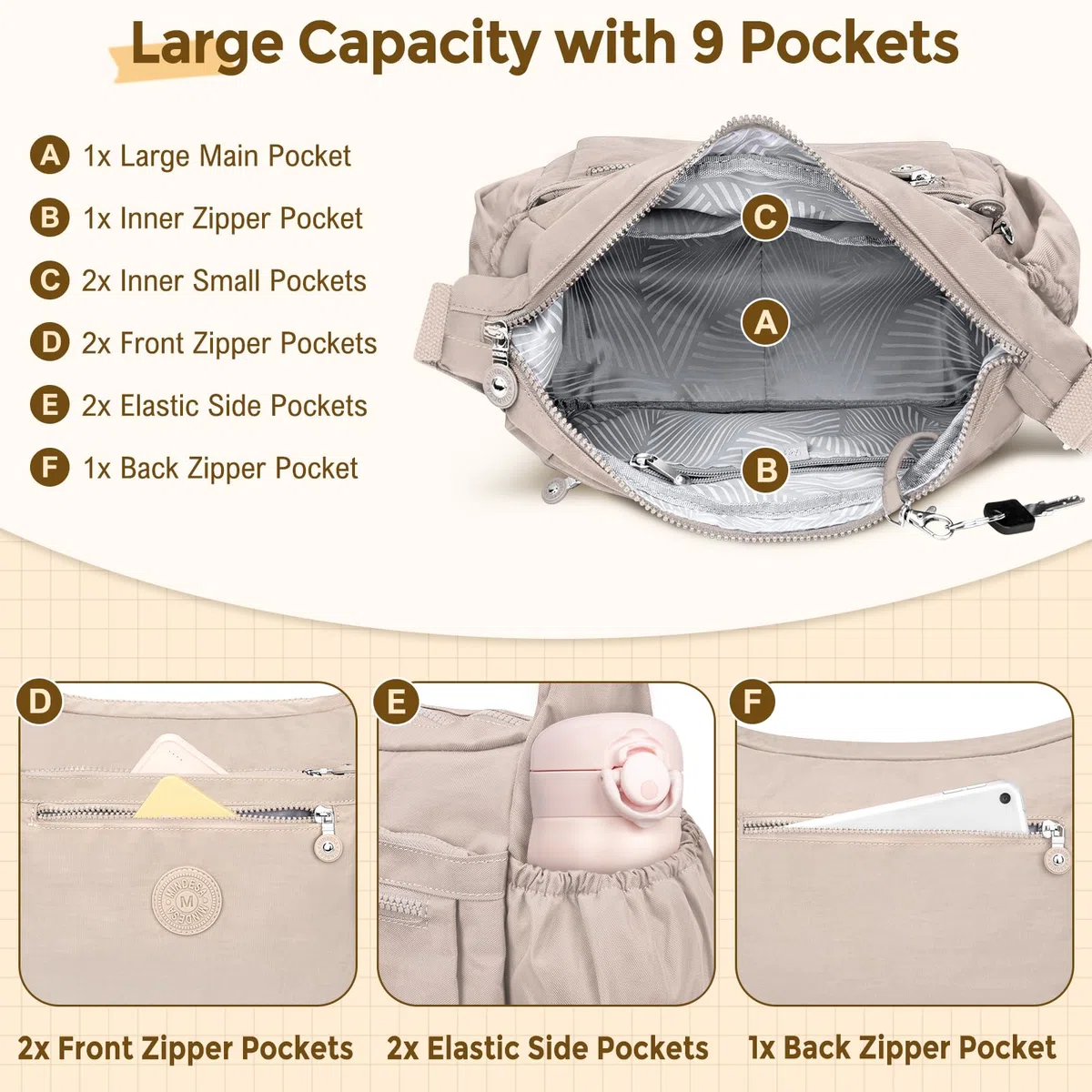 Borsa a Tracolla da Donna, Borsa Tracolla Grande Multitasche in Nylon Impermeabile Borsa a Spalla Donna con Tracolla Regolabile Leggera Crossbody Bag Donna per Shopping Lavoro Viaggio Festa