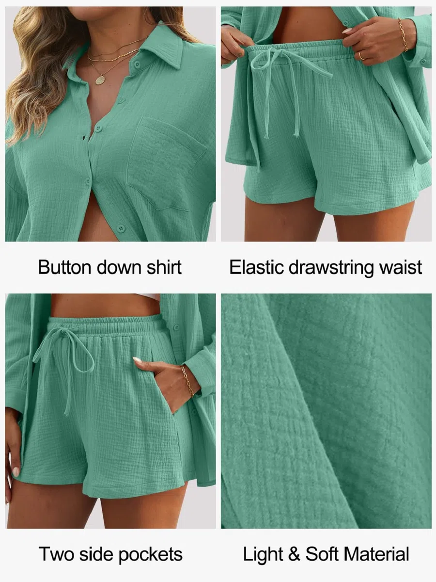 Yutdeng Completo Donna 2 Pezzi Camicia a Maniche Lunghe e Pantaloncini con Coulisse e Tasche Elegante Completo Estivo Tuta da Casa Casual Completo Sportivo in Lino Tuta da Ginnastica