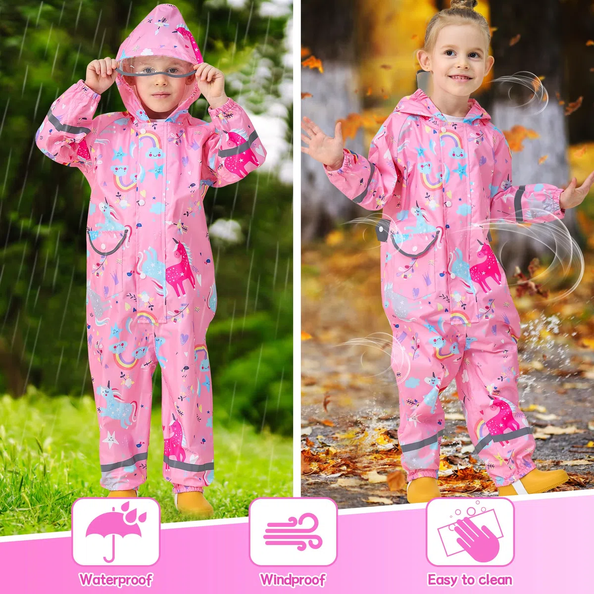 Impermeabile Pioggia Bambini Tutto in Uno Tuta con Cappuccio Unicorno Dinosauro Bambino Antipioggia Giacca Tuta Portatile l'asilo Sportivo Jogging Unisex Pozzanghere Impermeabili 1-9 Anni