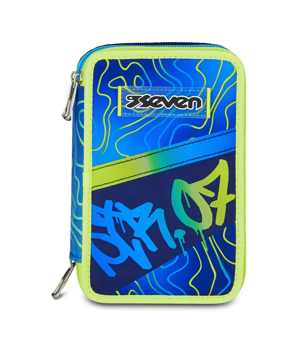 Seven Astuccio Scuola Elementare, 3 scomparti, Medie, con Matite, Pennarelli, Penne, 3 Zip, Nuanced Blue, Bambino, Ragazzo, giallo/blu