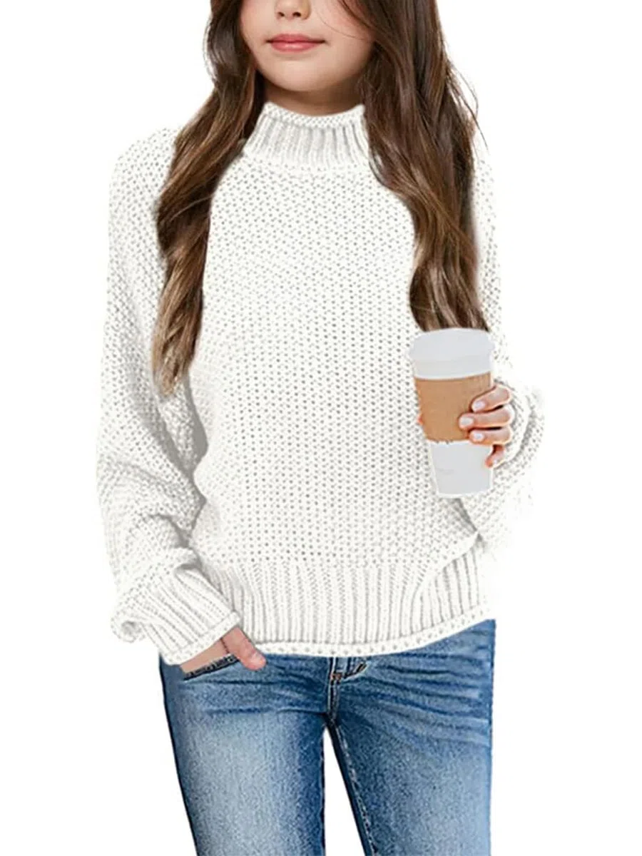 Wenrine Maglione invernale da ragazza, a collo alto, a maniche lunghe, lavorato a maglia, casual, 5-14 anni