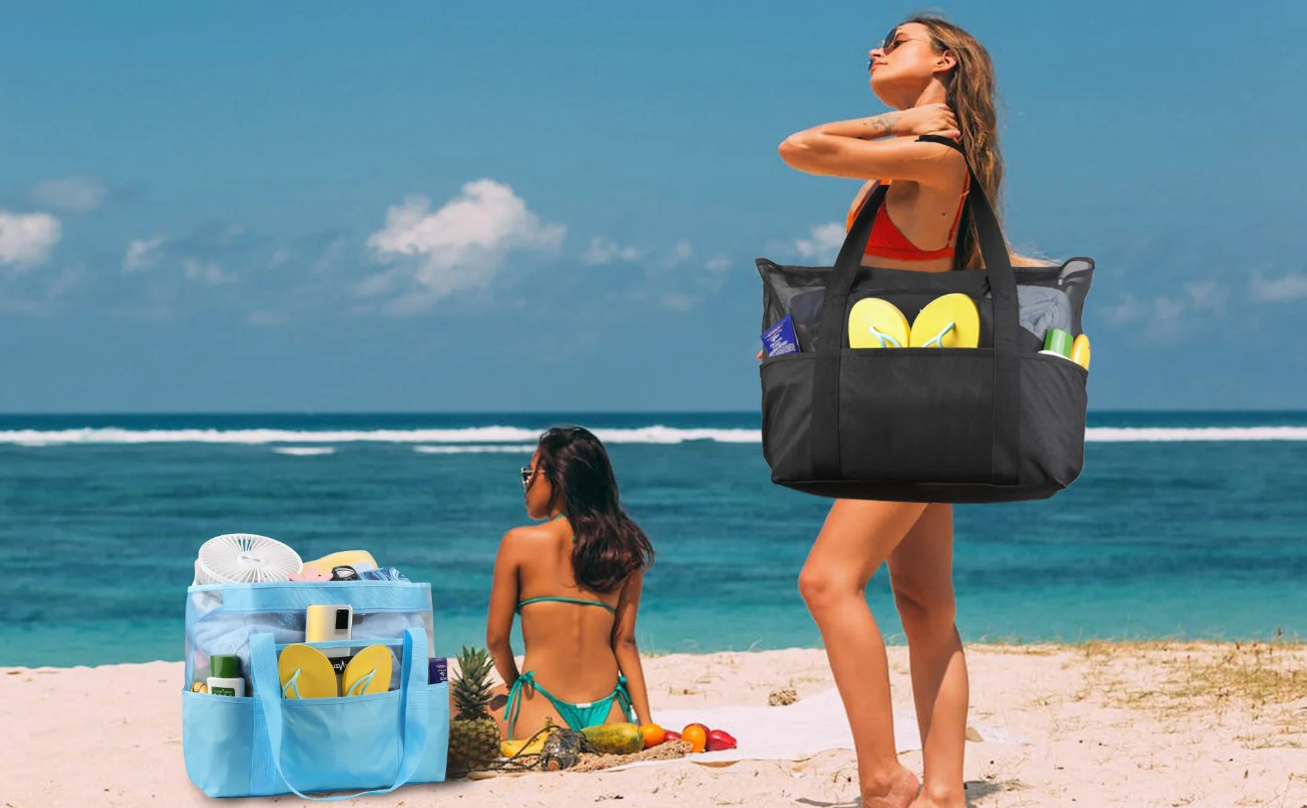Borsa Mare Grande Con Cerniera, Borsa Spiaggia, Pieghevole Rete Borsa Porta, Supermercato Famiglia Nuoto la Palestra Estate Donna Uomo