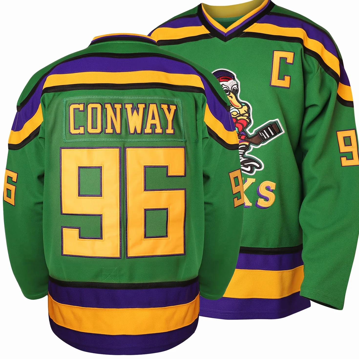 Charlie Conway #96 Mighty Ducks Adam Banks #99 - Maglia da hockey su ghiaccio, colore: Verde e Bianco