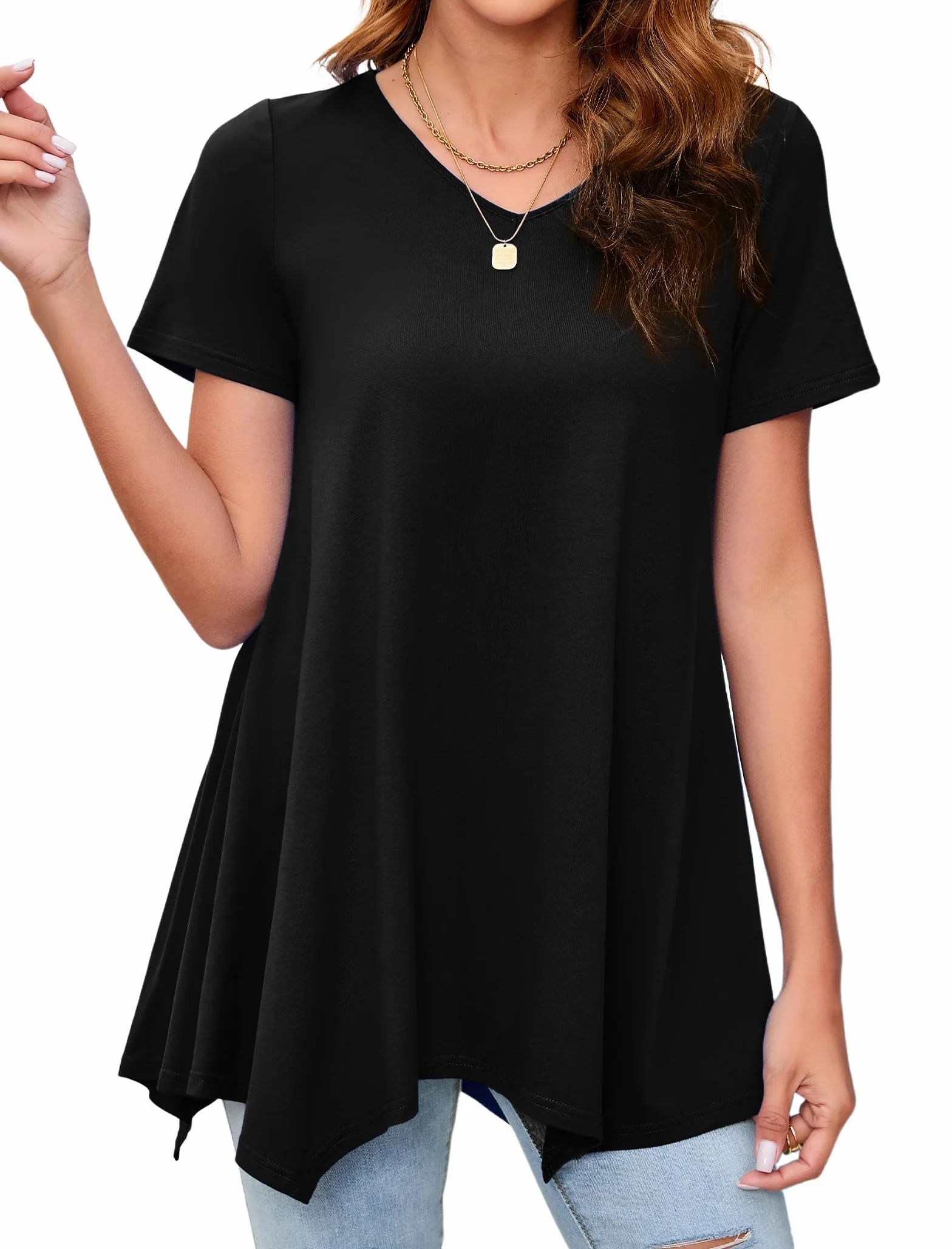 Enmain Maglietta Donna Tunica Manica Corta Estiva Scollo V Top Camicetta Longline Tinta Unita Donna Tunica con Stampata Floreale per Vacanze Primavera Estate S-3XL