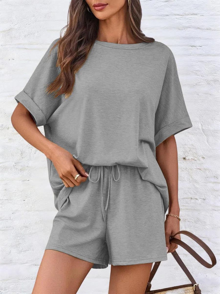 Tuta da Donna Estiva 2 Pezzi Girocollo a Maniche Corte a Pantaloncini Vita Alta con Tasche Completo Sportiva Due Pezzi Casual