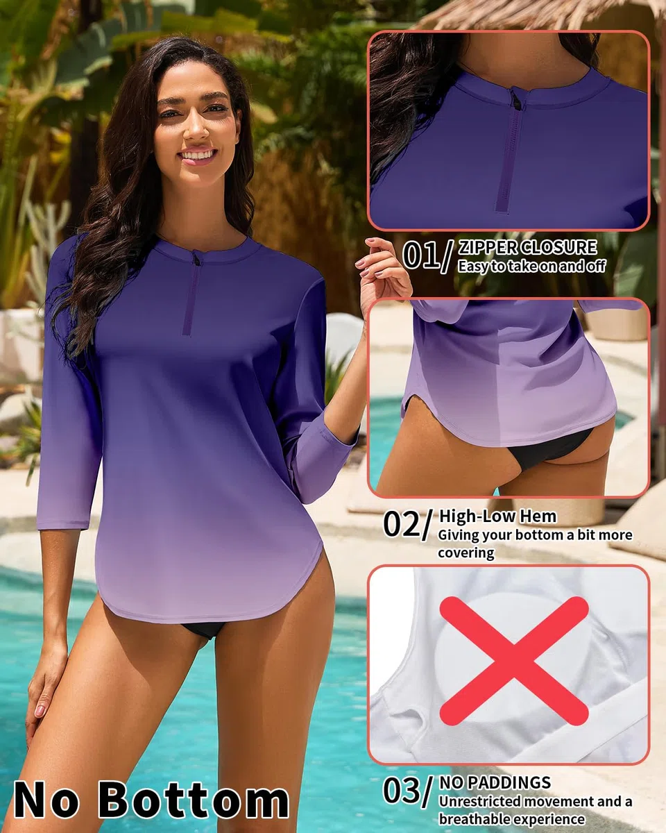 WOWENY Costume da Bagno Anti UV da Donna, con Protezione Rashguard, Maniche A 3/4 Cerniera A 1/4 Asciugatura Rapida, per Acqua, Surf, Spiaggia