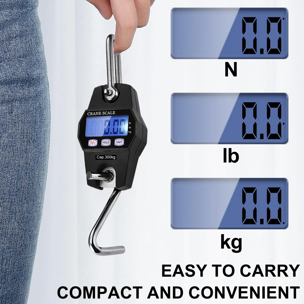 Bilancia sospesa, portatile, digitale, 300 kg, bilancia digitale con gancio, bilancia elettronica con display LCD e sensore a molla di ricarica preciso per viaggi, vita familiare, valigia, pesca (nero