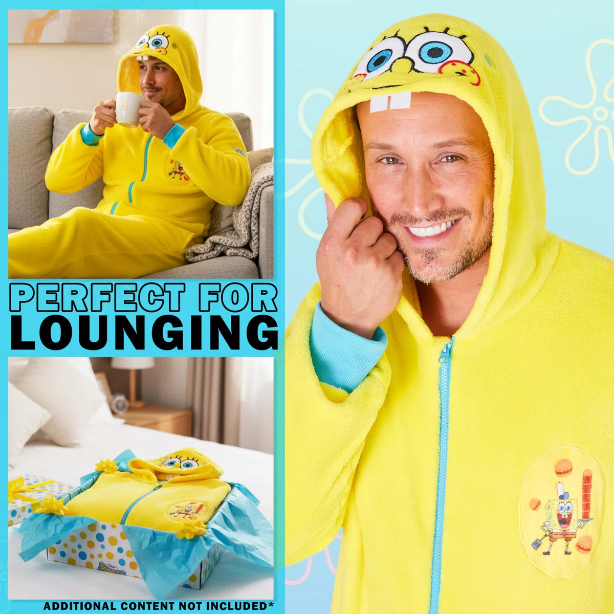 SPONGEBOB SQUAREPANTS Tuta Intera Uomo e Adolescenti S-3XL, Morbido Pile Pigiama Intero con Cappuccio, Regali per Lei
