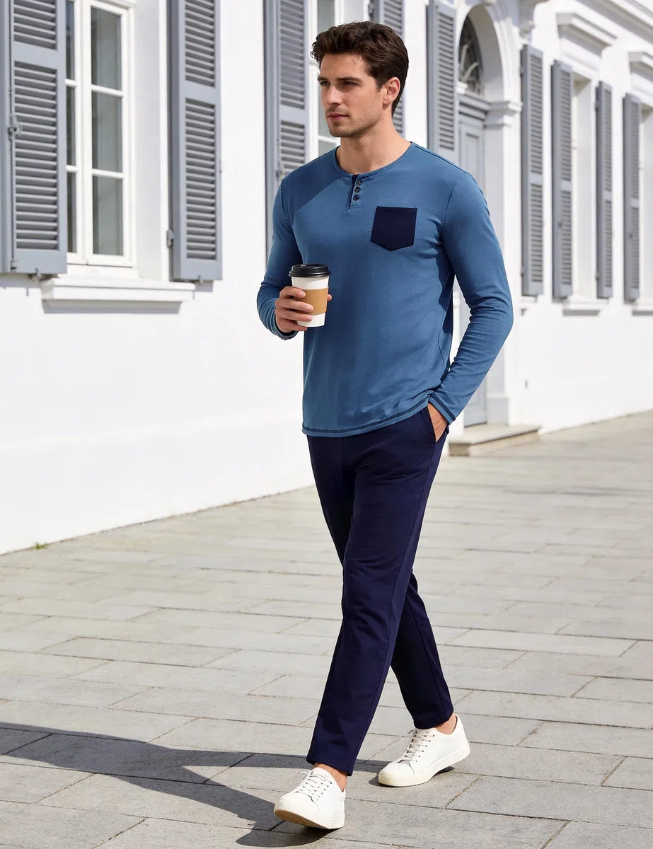 Bresdk Pigiama Invernale Uomo Cotone Lungo Abbigliamento da Casa Pigiami Lunghi con Bottoni Maglia Henley a Maniche Lunghe