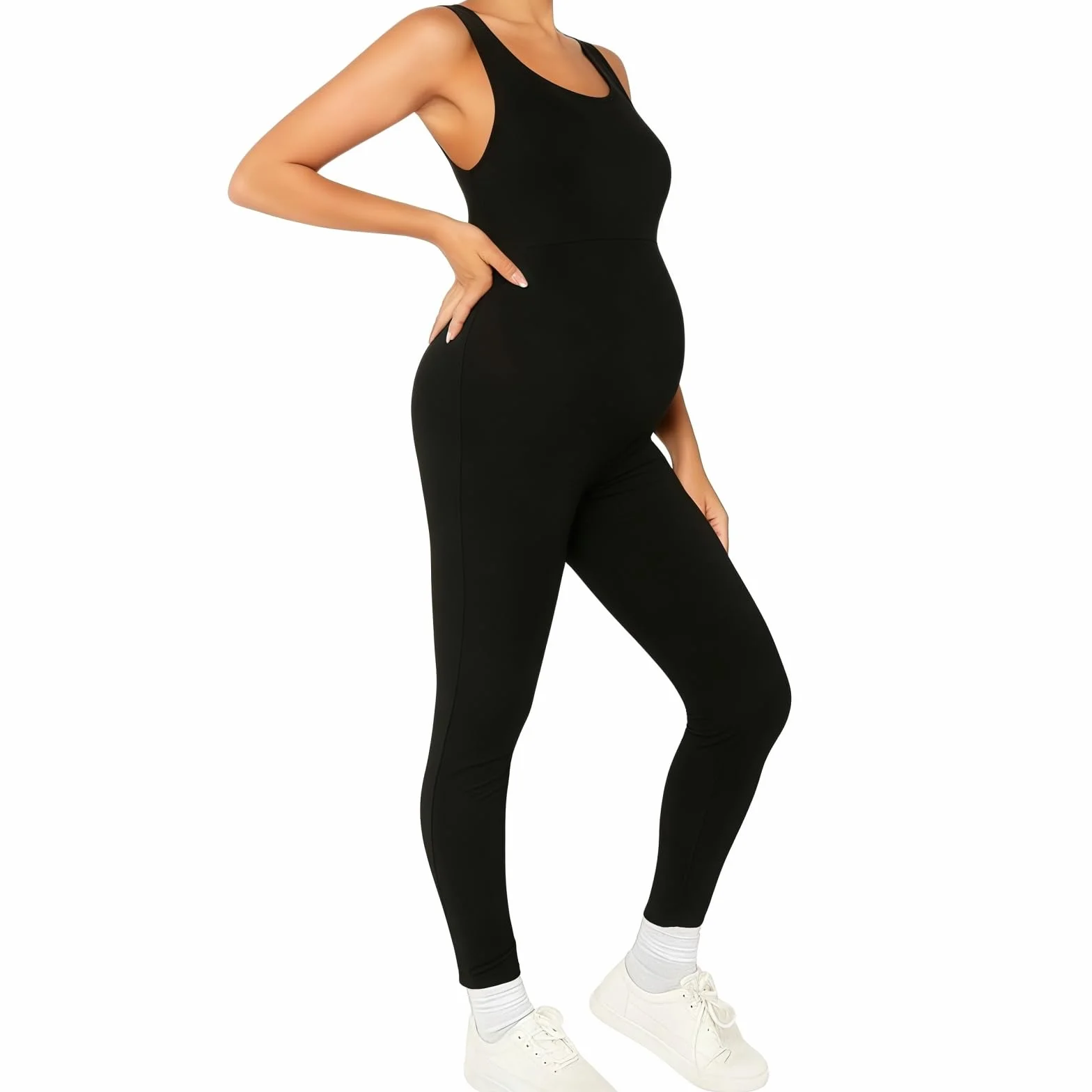 SamHeng Tuta premaman senza maniche Tuta da yoga nera senza cuciture Leggings per gravidanza Body U-Collo a U Tuta sportiva a lunghezza intera Slim Fit Casual Allenamento Abiti Activewear