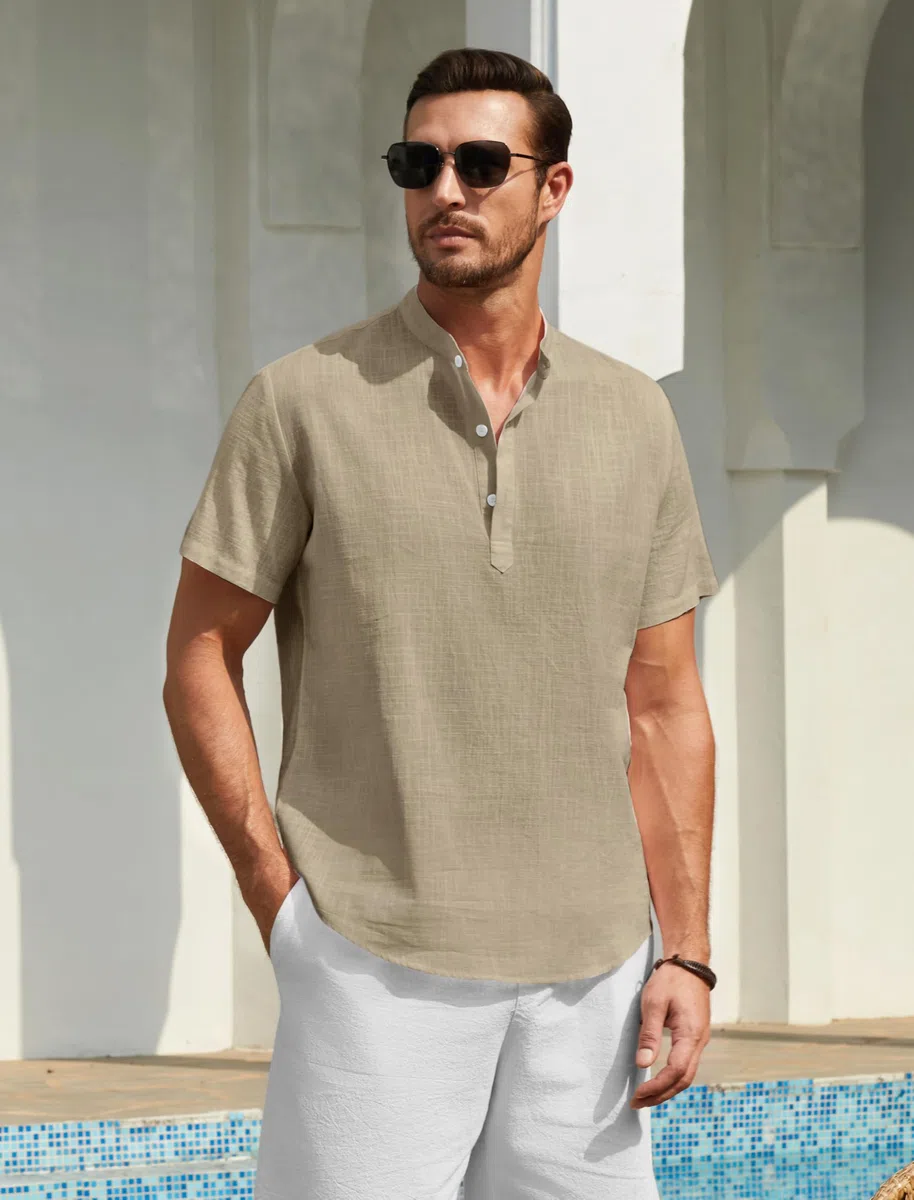Enlision Camicia Uomo di Lino Cotone Maniche Corte Camicie Collo Coreana Casual Estiva Elegante Maglietta Serafino Tinta Unita vestibilità Ampia S-4XL