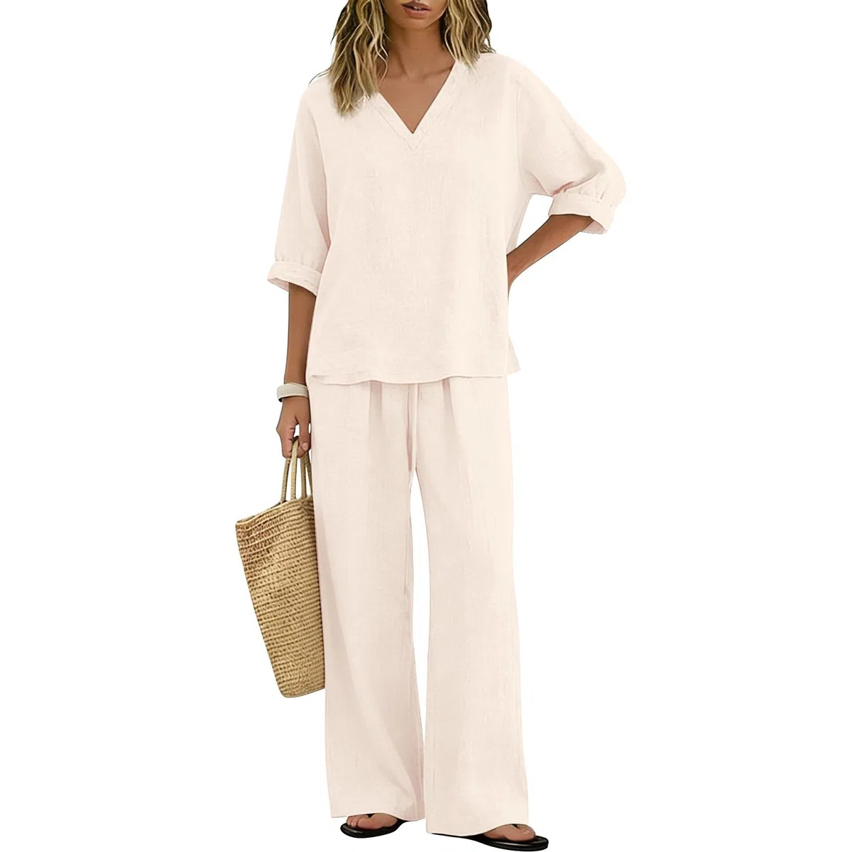 Generico Completo Di Lino Donna Estivo 2 Pezzi Pantalone Lungo Estivo Tuta Elegante Maniche 3/4 Completo Estiva Curvy Tute Casual Completi Leggera Comodi Set Mare Spiaggia Larghi Drop Shoulder