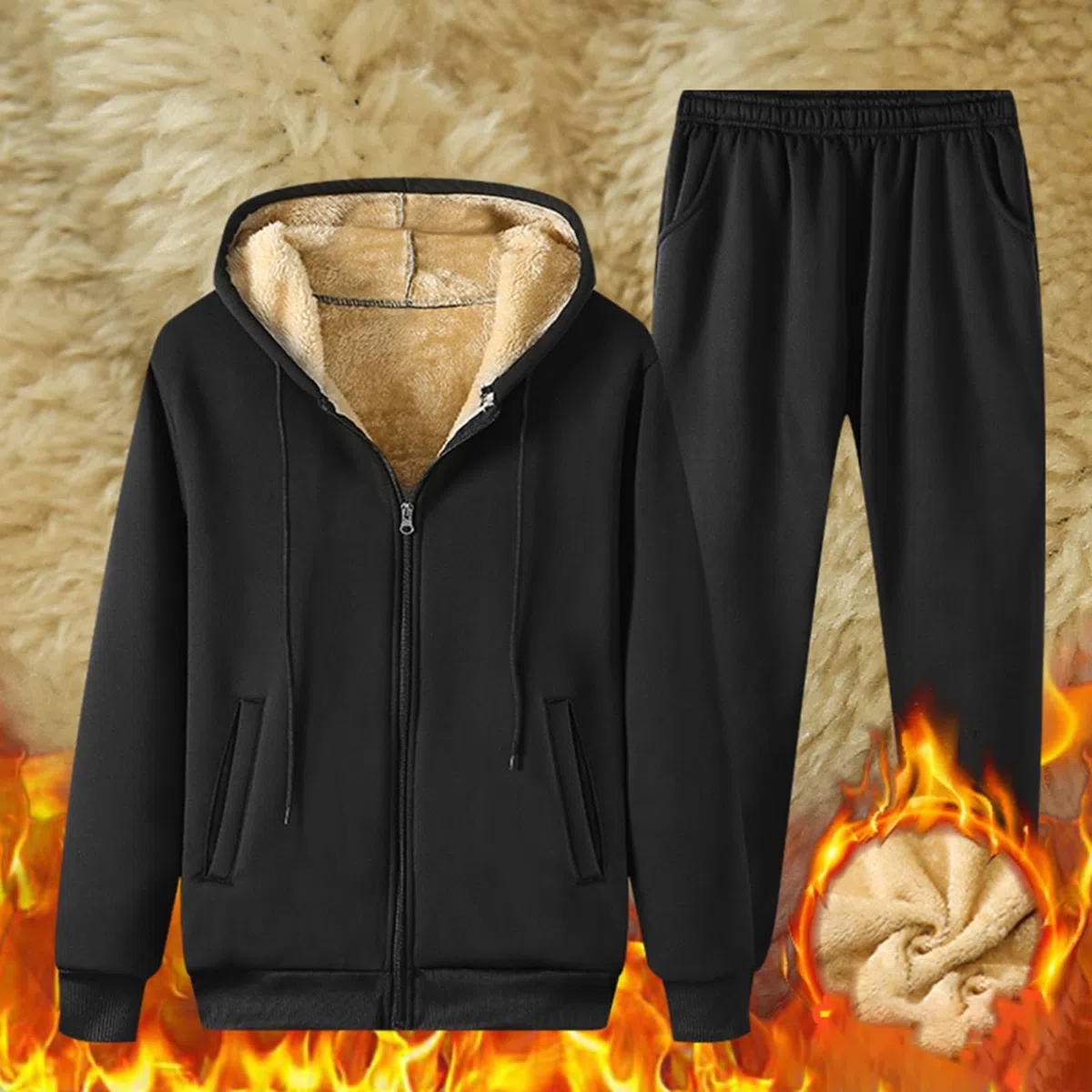 Tuta da uomo in pile invernale, da jogging, 2 pezzi, termica, calda, con cappuccio e pantaloni, tinta unita, per il tempo libero, accogliente, morbida, per la casa