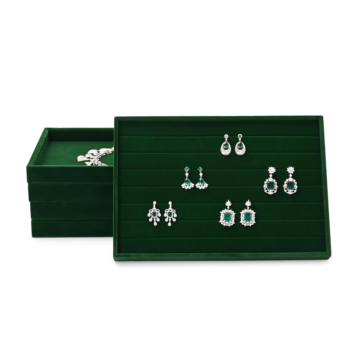 vassoio impilabile in velluto per gioielli, cassetto portagioie, espositore per gioielli, 35x24x3,5 cm (verde scuro)