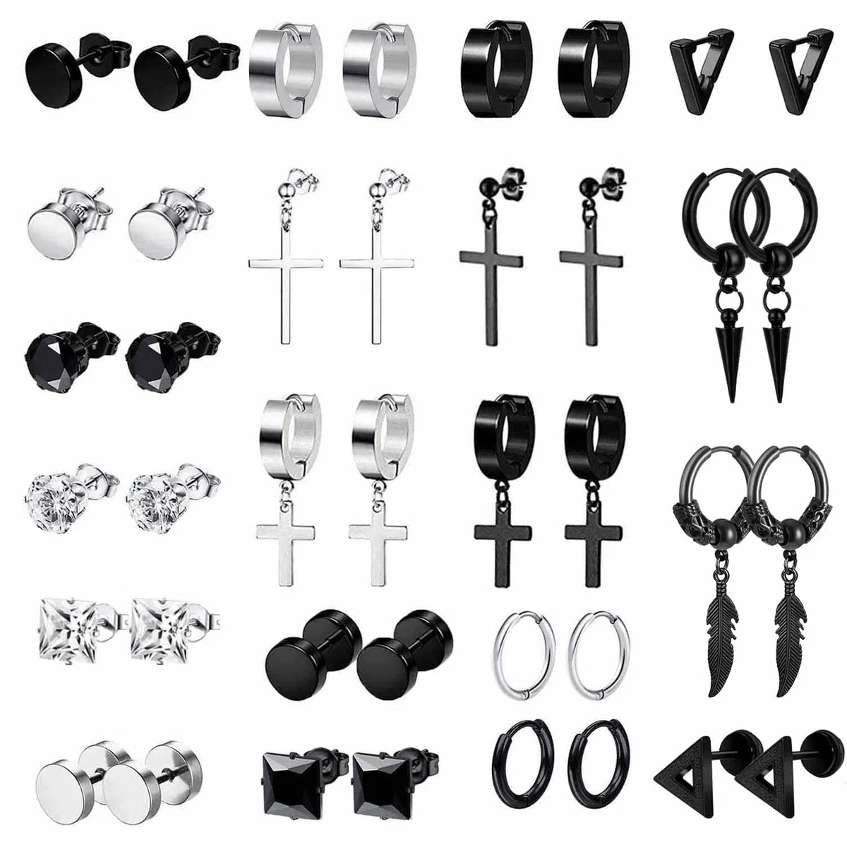 20Paia Acciaio Chirurgico Orecchini per Uomo Donna Orecchini a Cerchio Nero Pendente Croce Orecchini Kpop Huggie Anallergici Donna Set Tondo Argento Zirconi Orecchini Uomo Cerchio Punk Orecchini