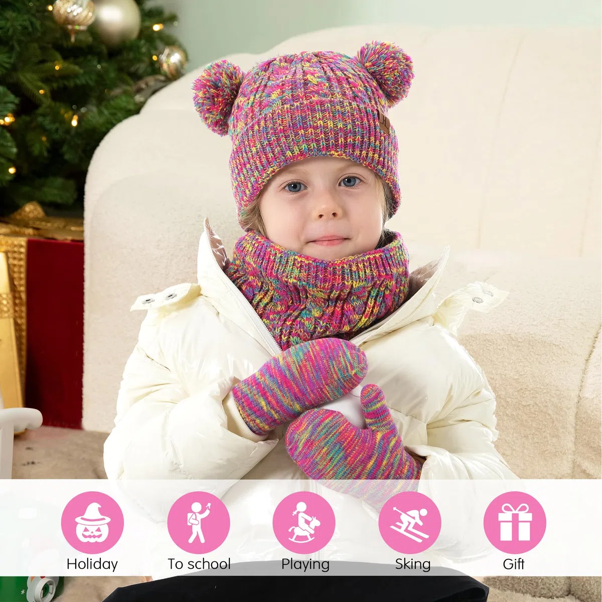 Invernale Cappello Berretto con Pon Pon Sciarpa Guanti Bambino, Termici Cappelli Berretti Manopole per 0-4 Anni Bambini Piccoli, Caldo Beanie Touch Screen Guanti per 5-8 Bimbo Bambina