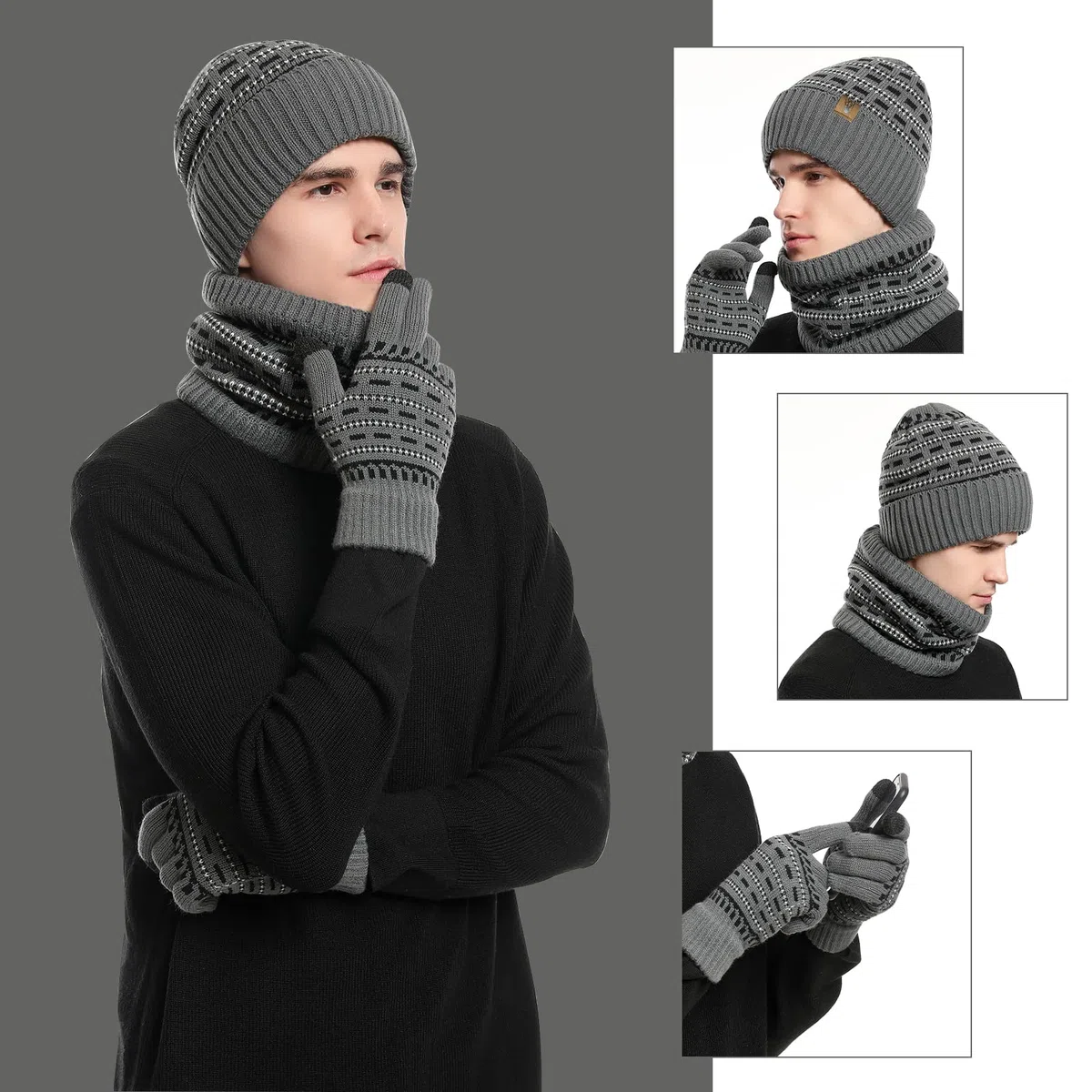 Cappello Sciarpa e Guanti Touch Screen Set per Uomo Berretto Invernale Guanti Termici e Scaldacollo con Fodera in Pile per Uomo