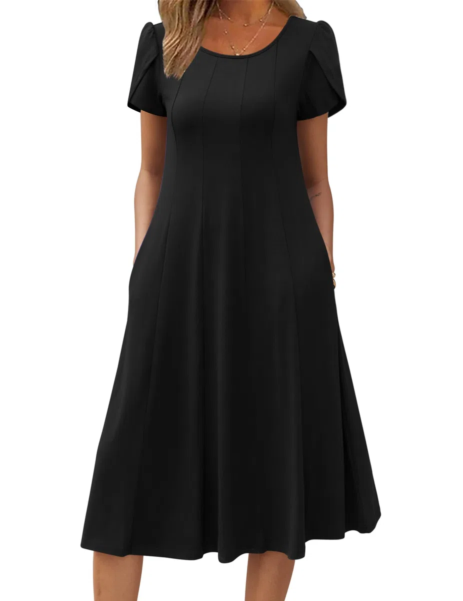 Zeagoo Abito Donna Estivo Casual Vestito Midi Manica Corta con Tasche A‑Line Leggero per Primavera Estate S-XXL