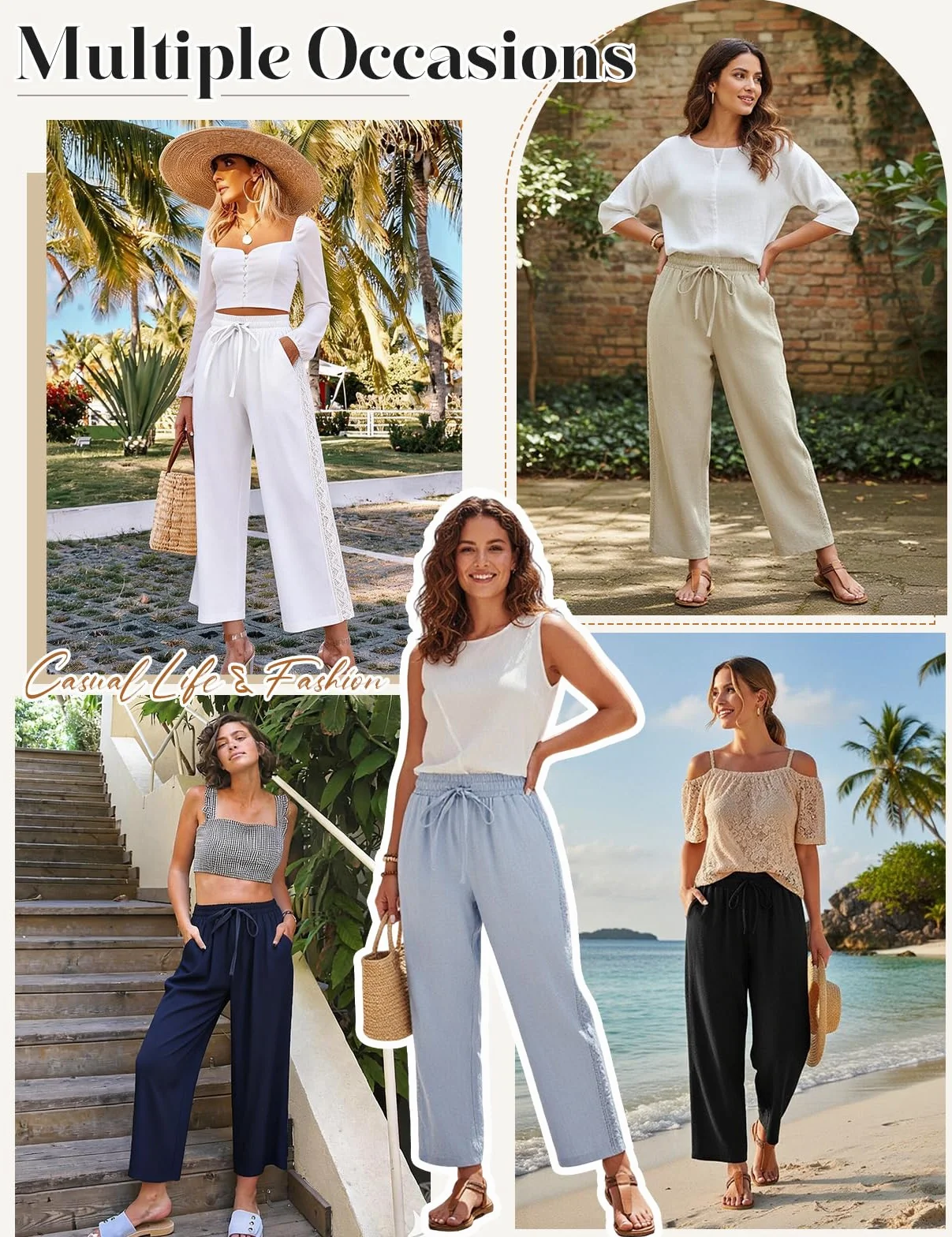 Pantaloni Donna Estivi 7/8 Leggeri Larghi Comodi Cotone Pantalone Elastico Vita Alta Casual Elegante Pantaloni da Lavoro Gamba Dritta Spiaggia Pantalone con Tasche