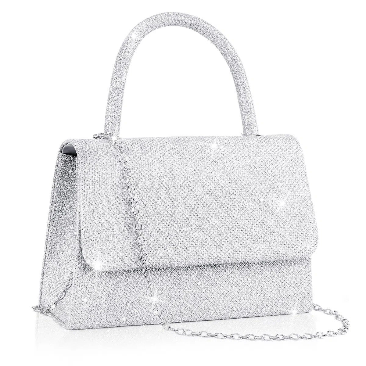 Larcenciel Pochette Donna, Borsa da Sera a Manico Alto in Argento con Catena, Elegante Borsa Donna per Prom, Feste, Cocktai