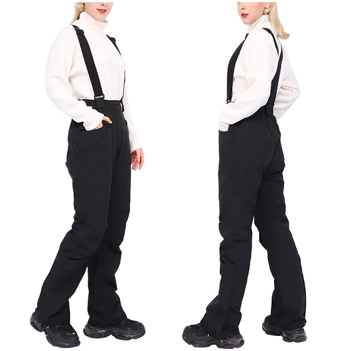 Pantaloni softshell da donna, invernali, da neve, da donna, impermeabili, con spalline regolabili, a vita alta, con bottoni, per trekking, gamba larga, per attività all'aria aperta