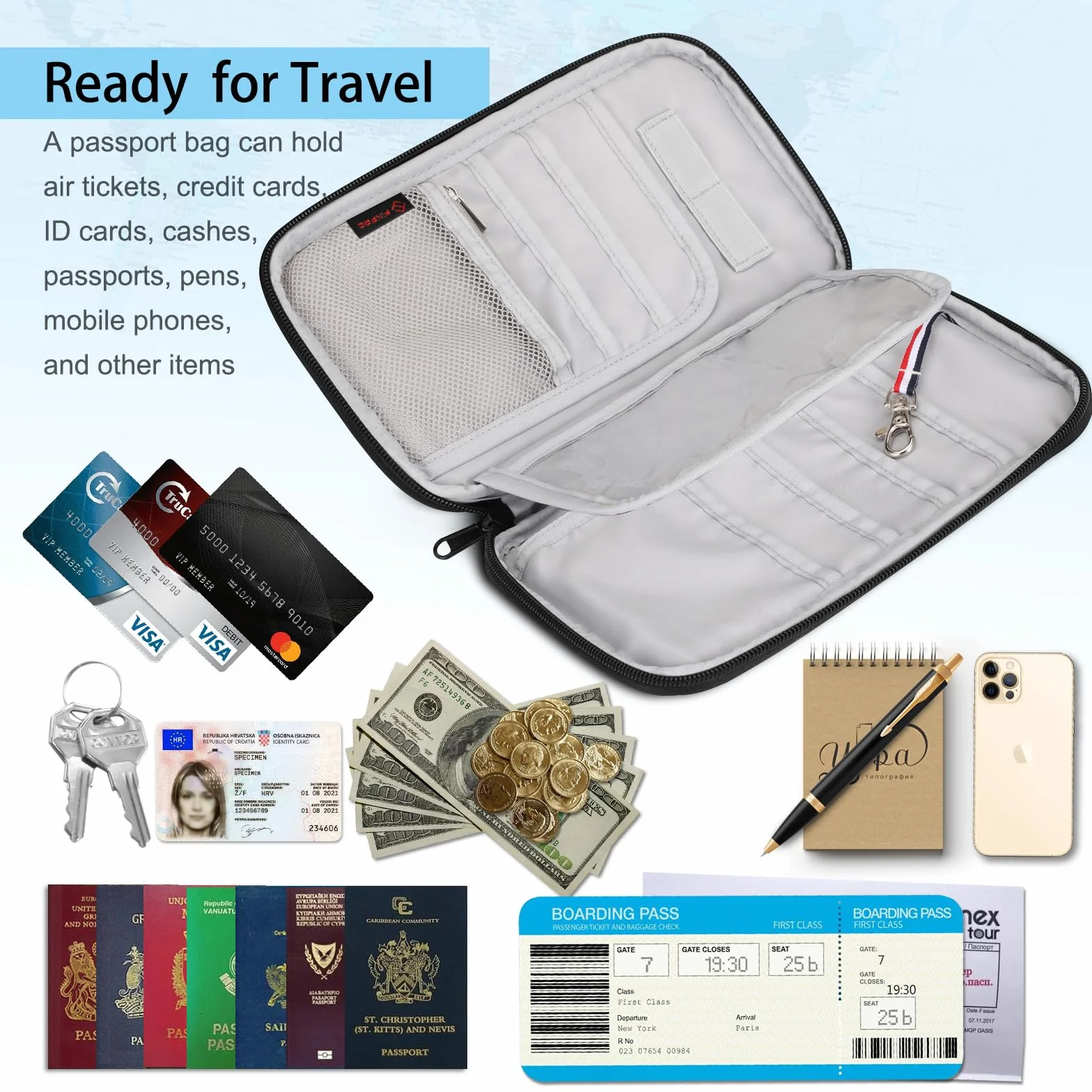FINTIE Portafoglio Passaporto di Famiglia per 6 Persone, Grande Capacità Porta Passaporto Borsa da Viaggio con Protezione RFID per Donna Uomo,
