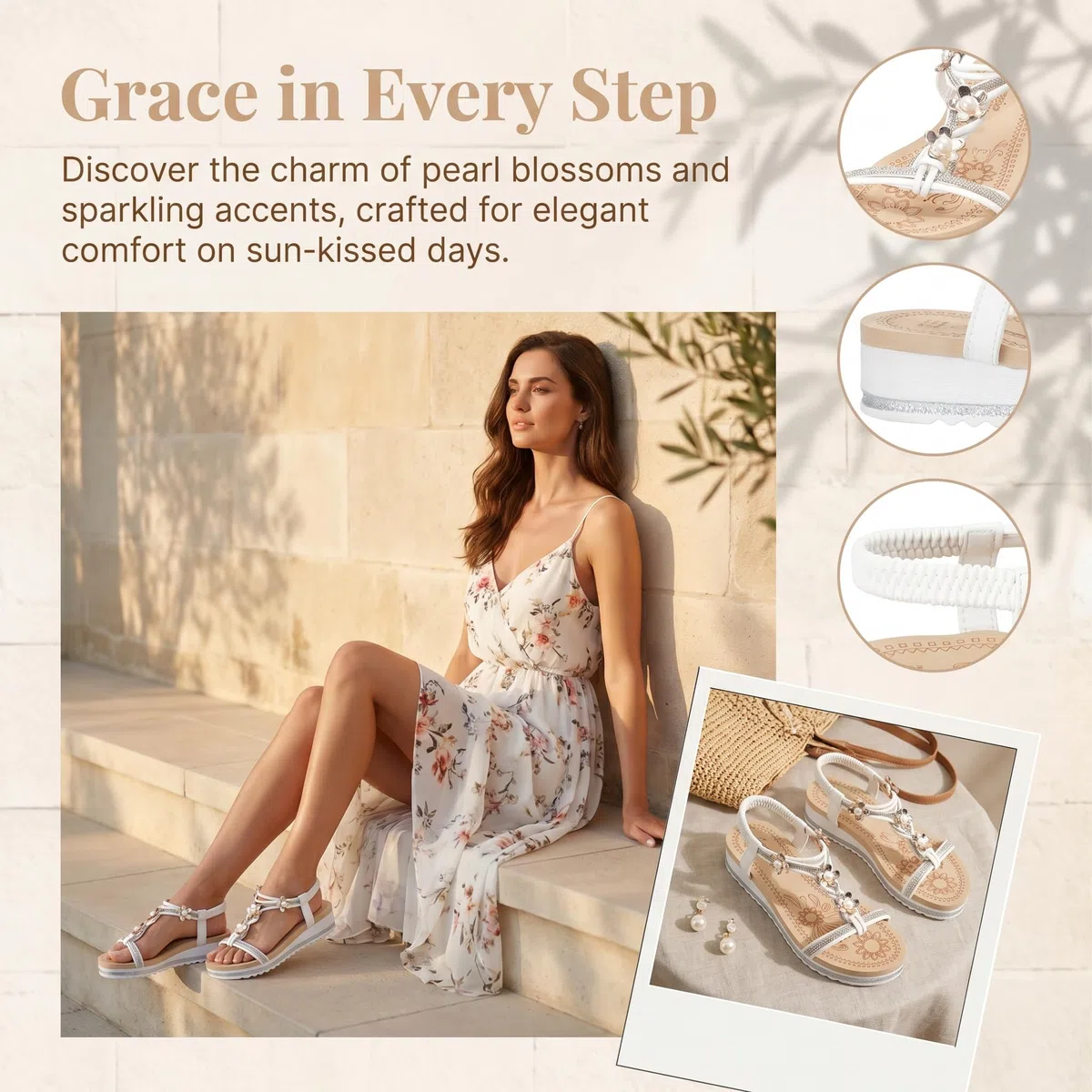 JOMIX Sandali Donna Estivi Eleganti Boho con Perline e Zeppa Comode Scarpe Aperte con Elastici Ciabatte da Mare e Piscina per Vacanza e Spiaggia