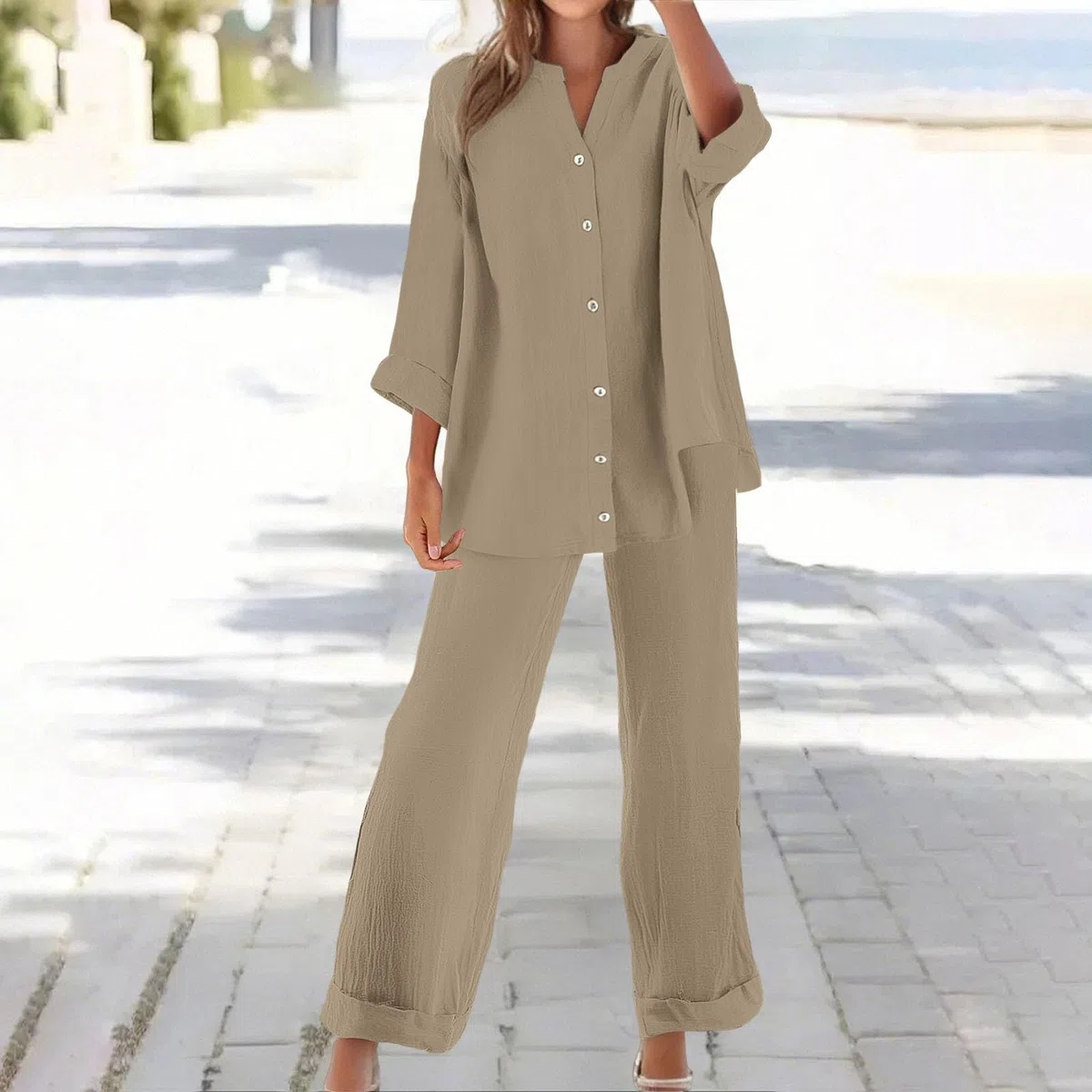 Completo Donna Elegante Casual Cotone E Lino Pantalone Lungo Estivo Tuta Elegante Tinta Unita Larghi Camicia + Pantaloni Palestra Curvy Set Due Pezzi Comodo Primavera Maniche 3/4 Set Spiaggia