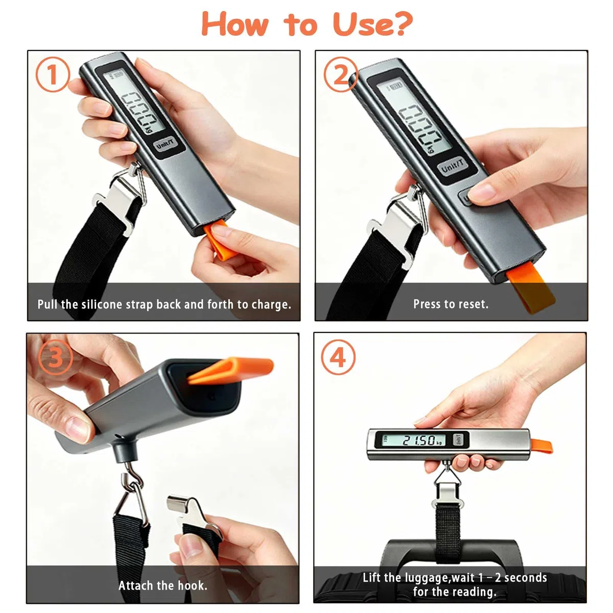 QL bilancia per valigie per viaggi senza batterie, 6 funzioni, Tara, conversione unità, blocco peso, display LCD digitale, fino a 50 kg/110 libbre, bilancia per bagagli per valigie adatta per viaggi