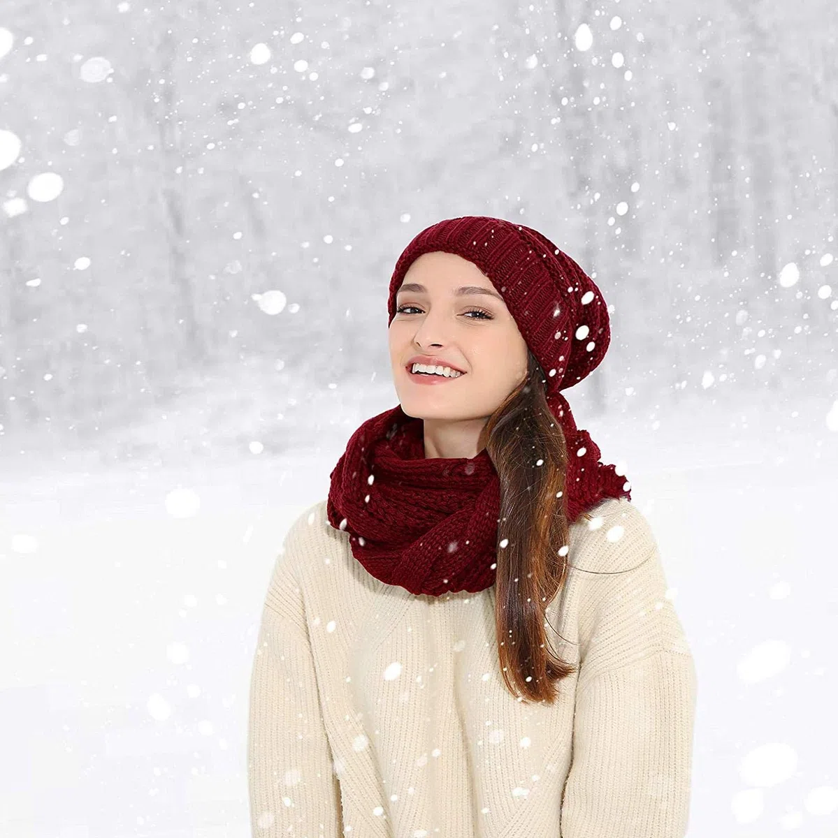 CheChury Cappelli Sciarpa Guanti Set Invernale da Donna Berretto a Maglia Berretto con Apertura Capelli Guanti Touch Screen Invernali Moda Sciarpa 3 Pezzi