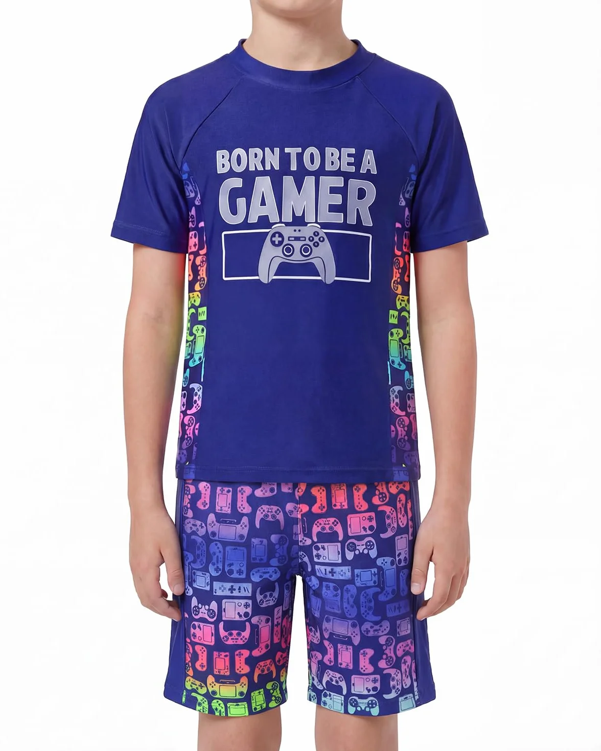 JiAmy Costume da bagno da gioco per ragazzi, set da 2 pezzi, con maglietta a maniche corte e costume da bagno con pantaloncini da bagno ad asciugatura rapida, protezione dai raggi UV, per bambini dai