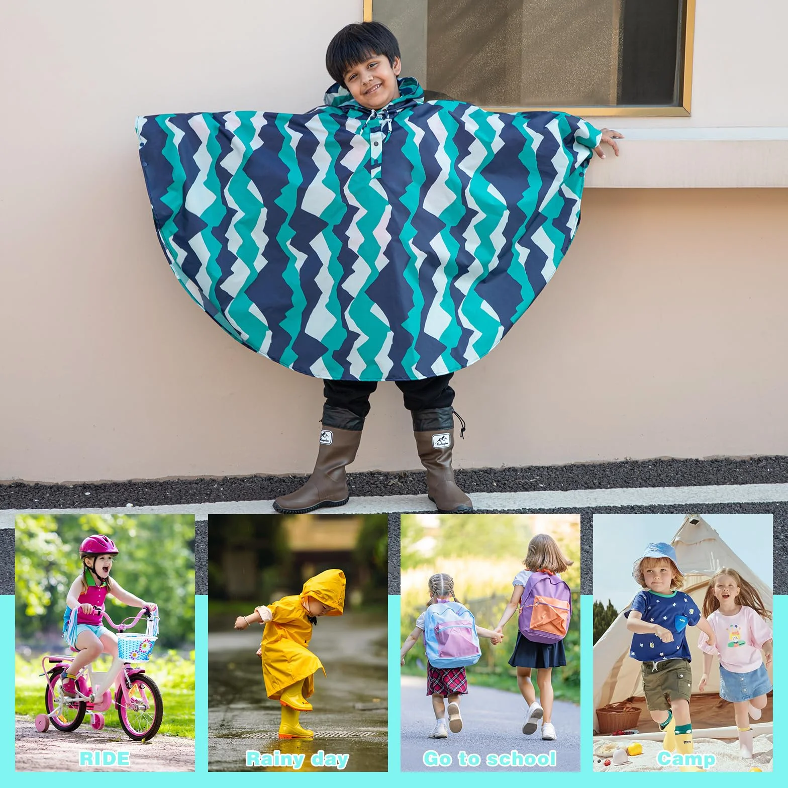 KAKU NANU Mantellina Pioggia Bambino Bambina 3-14 Anni con Cappuccio Poncho Antipioggia Tascabile con Custodia Rosso Giallo Blu Rosa